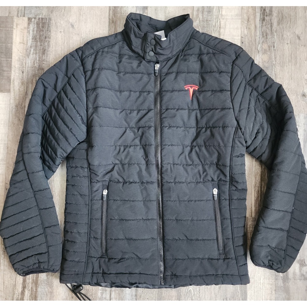 Tesla Puffer Jacket Unisex XS Black Quilted Full Zip Embroidered Logo Men's